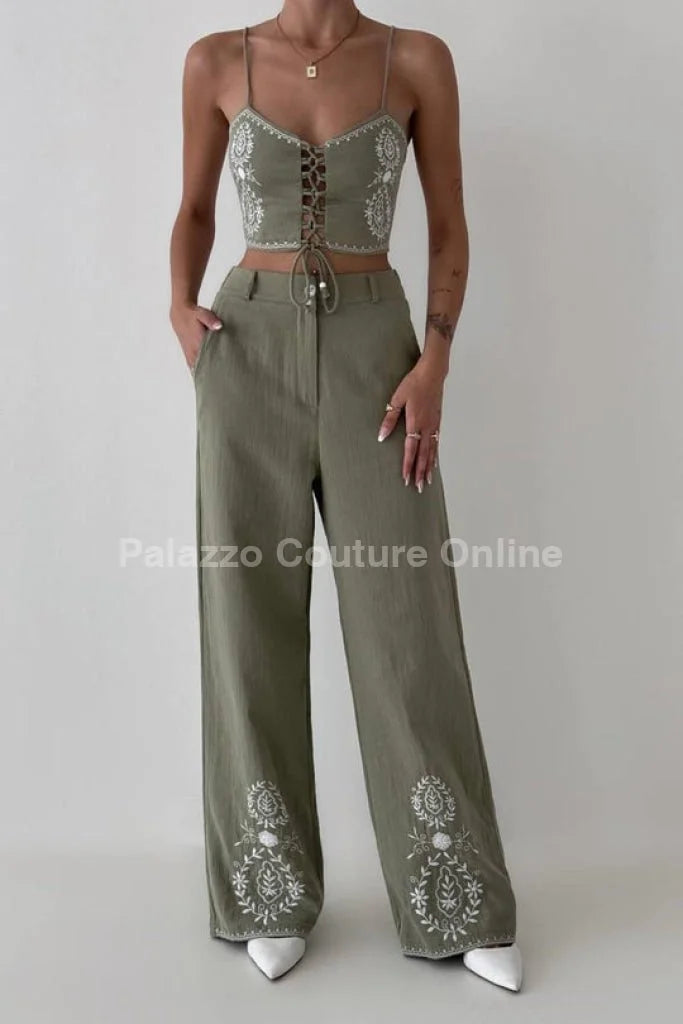 Boho Bloom Embroidered Pant Set- Olive