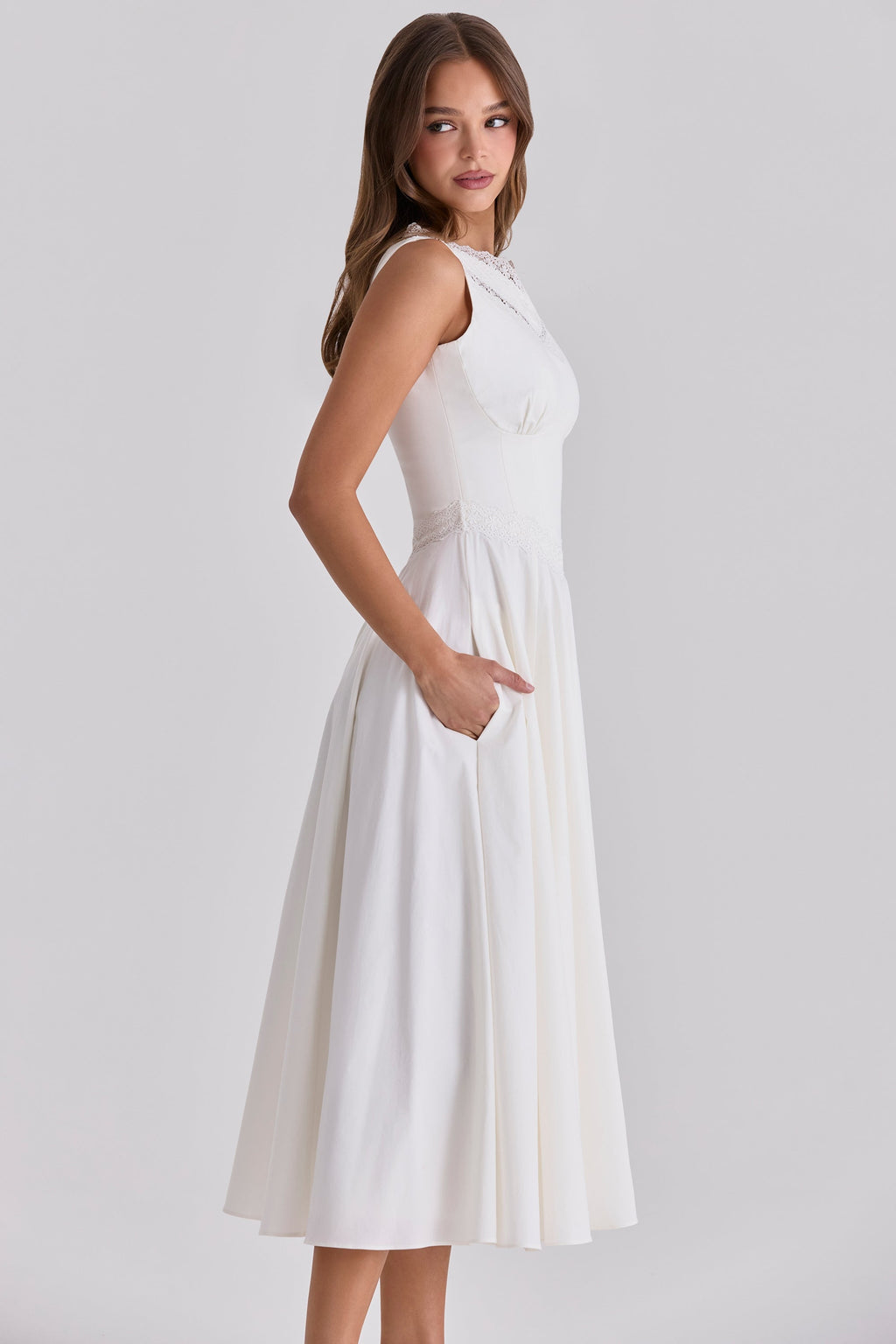white cotton lace trim waist cinch midi dress