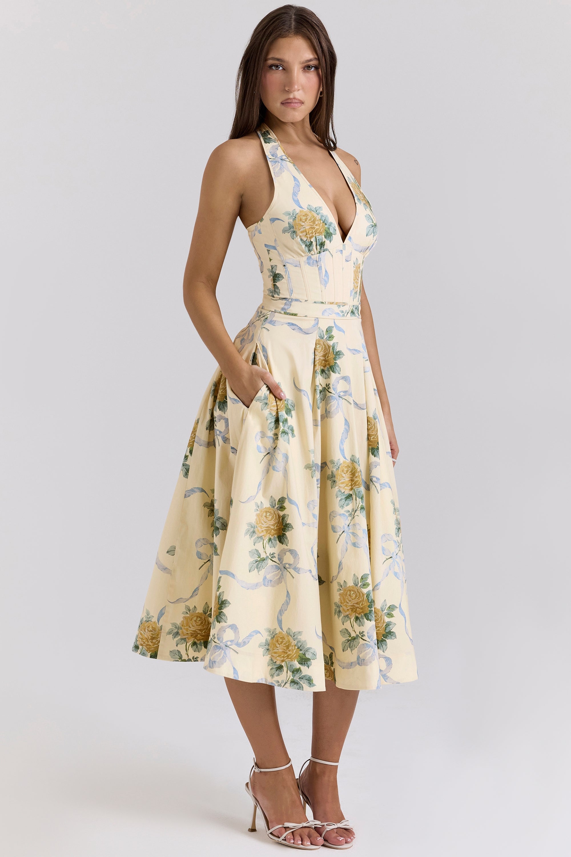 lemon ribbon stretch cotton halter midi sundress