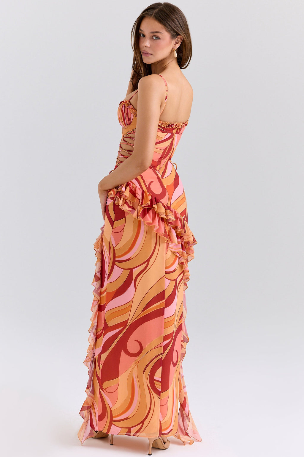 sunset swirl print ruffle cut out maxi dress