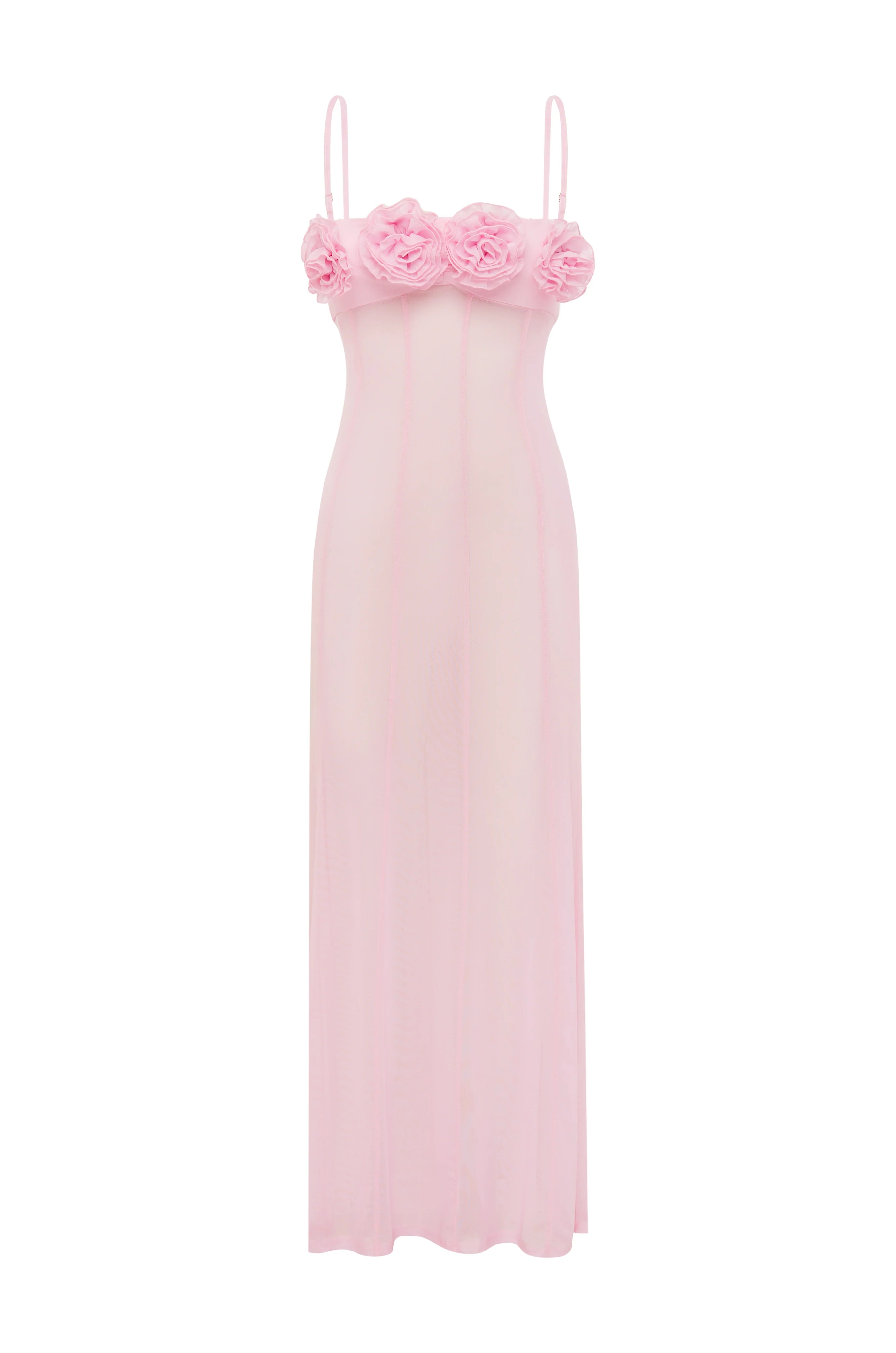 DEMI SHEER FLOWER TRIM MAXI DRESS - MUSK