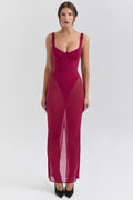 wine stretch mesh maxi dress