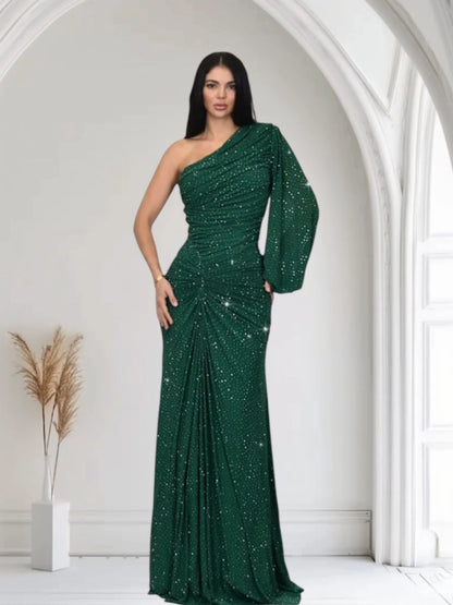 Celestial One Shoulder Gown in Forest with Shimmer Finish