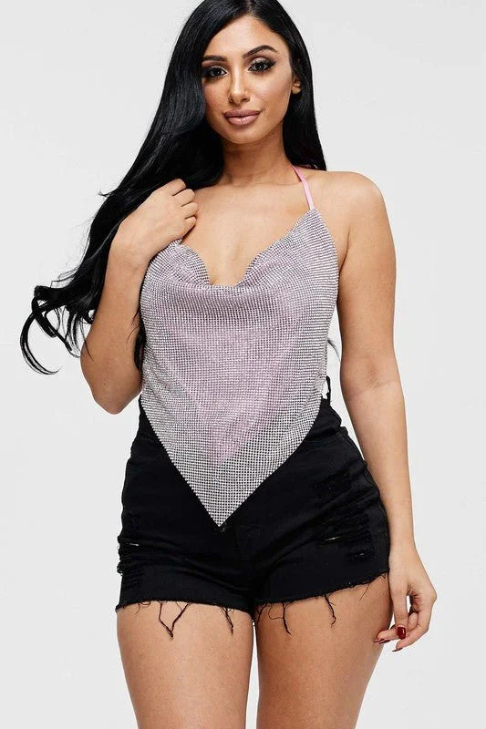 Metallic Rhinestone Backless Cowl Baby Pink Crop Top