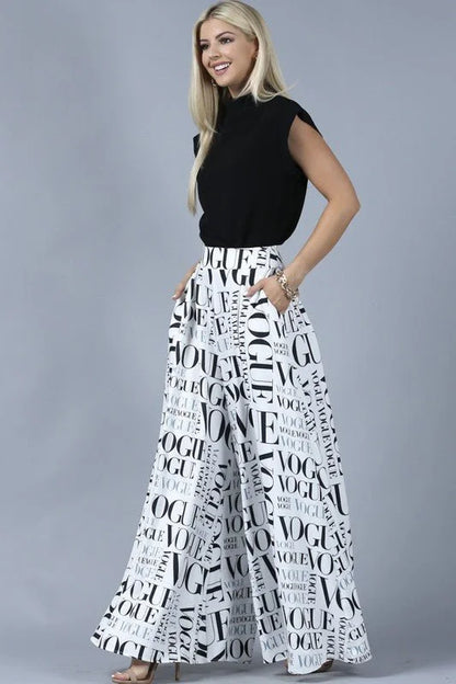 Vogue Print White Palazzo Pants