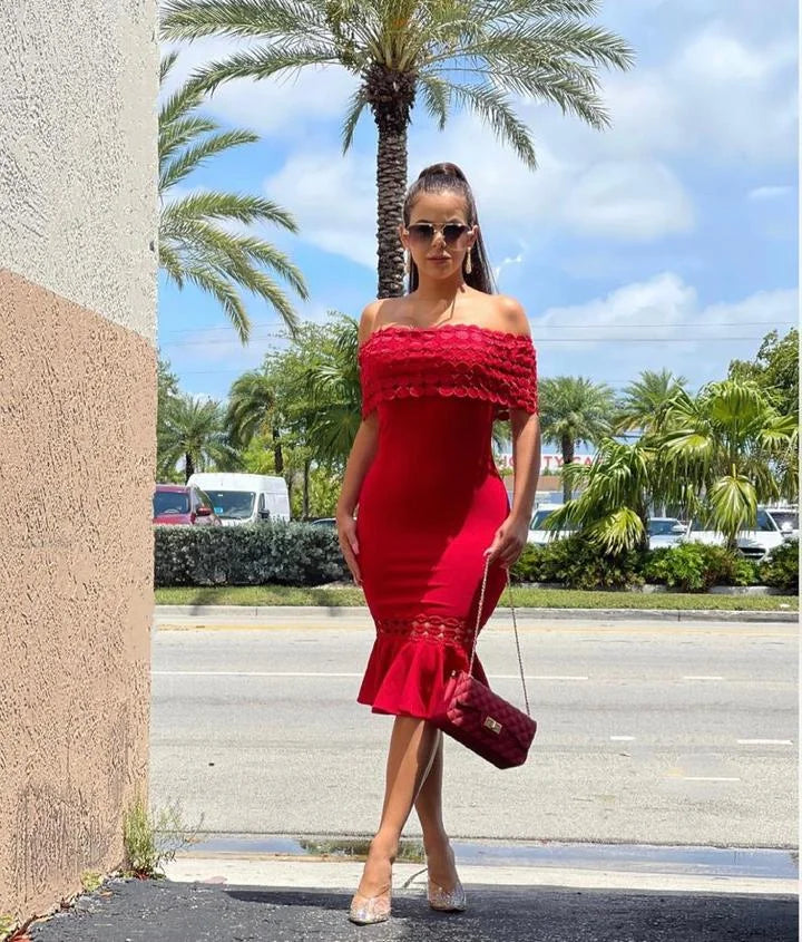 Crochet Band Midi Dress (Red)