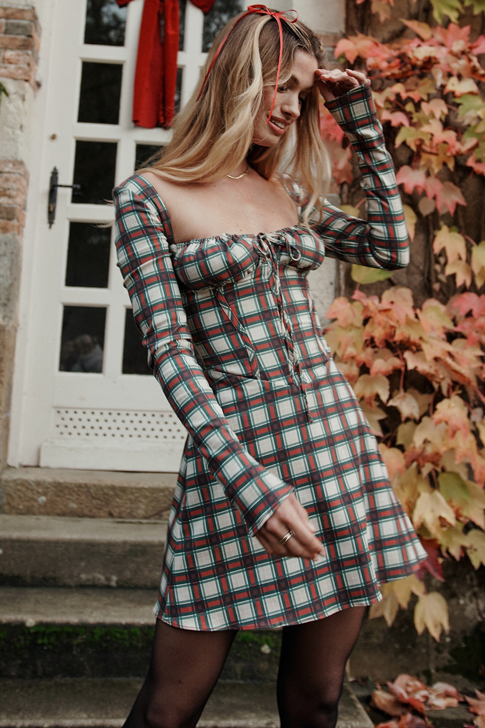 red tartan corset mini dress