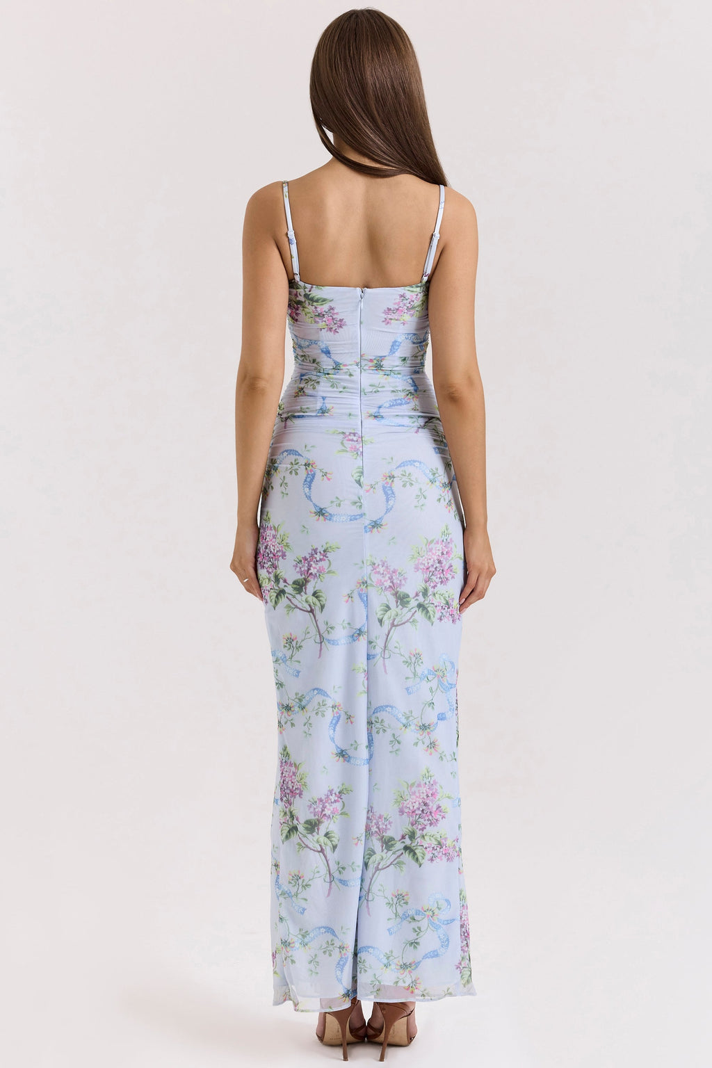 blue floral print mesh maxi dress
