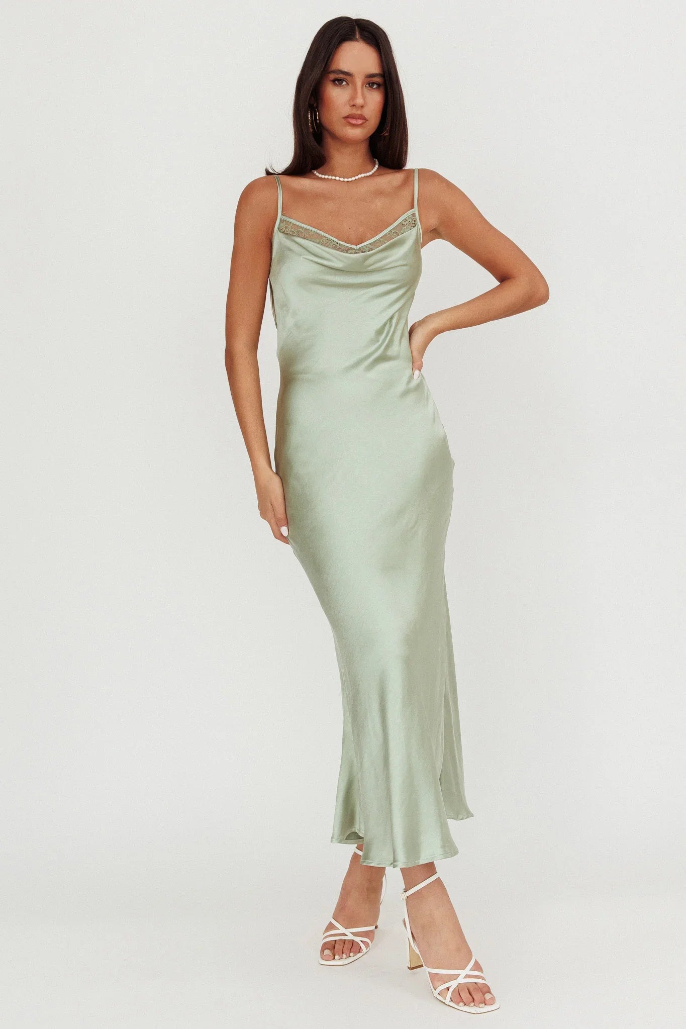 Gentle Touch Cowl Neck Satin Maxi Dress Sage