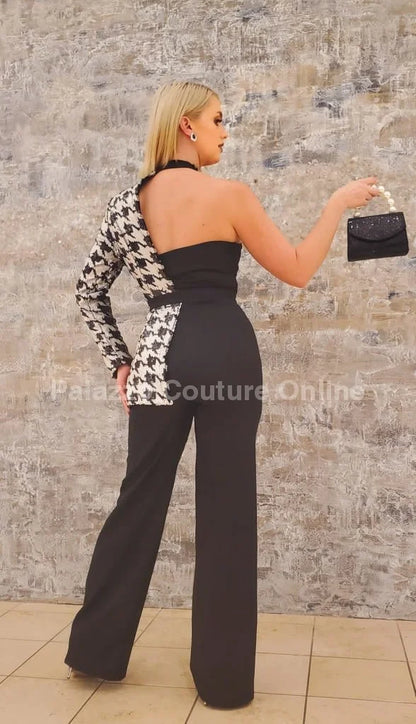Dale Black & White Houndstooth Sequin Jumpsuit – Single Shoulder