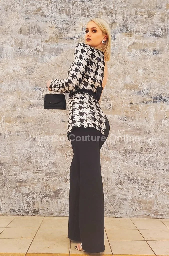 Dale Black & White Houndstooth Sequin Jumpsuit – Single Shoulder