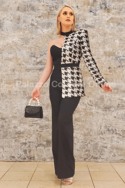 Dale Black & White Houndstooth Sequin Jumpsuit – Single Shoulder