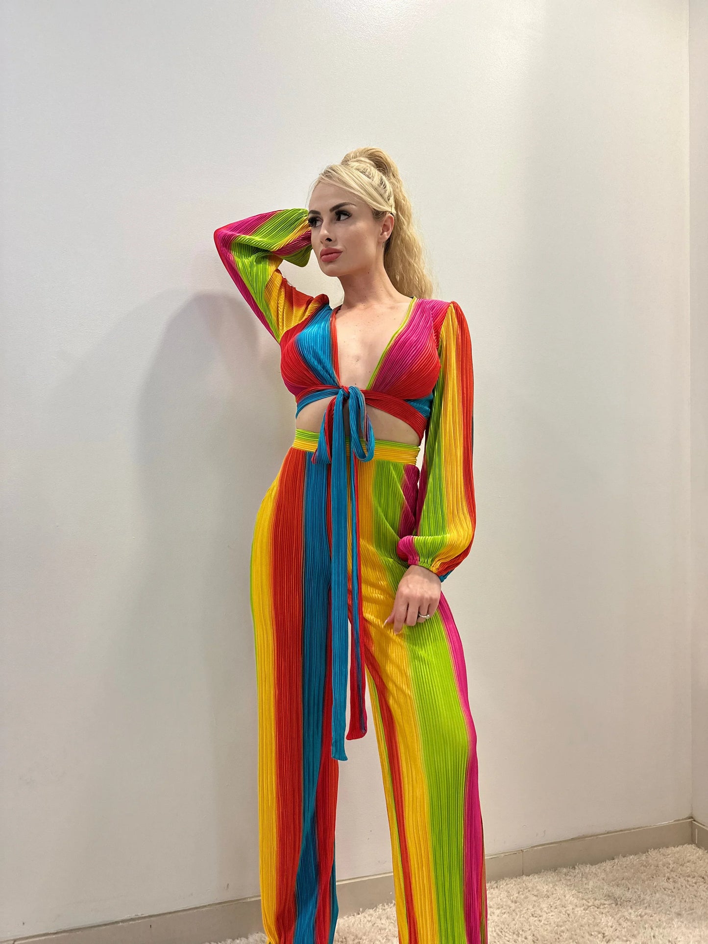 Dance Under The Sun Rainbow Pant Set – Pleated Two-Piece