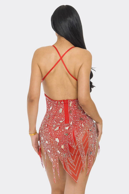 Dazzling Glam Rhinestone Red Mini Dress