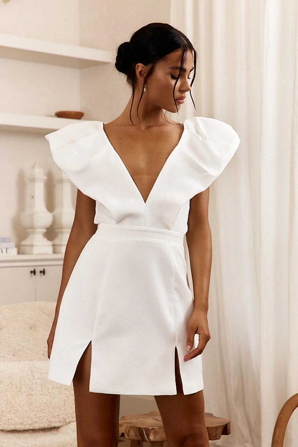 Liardon Bubble Sleeve V-Neckline Mini Dress White