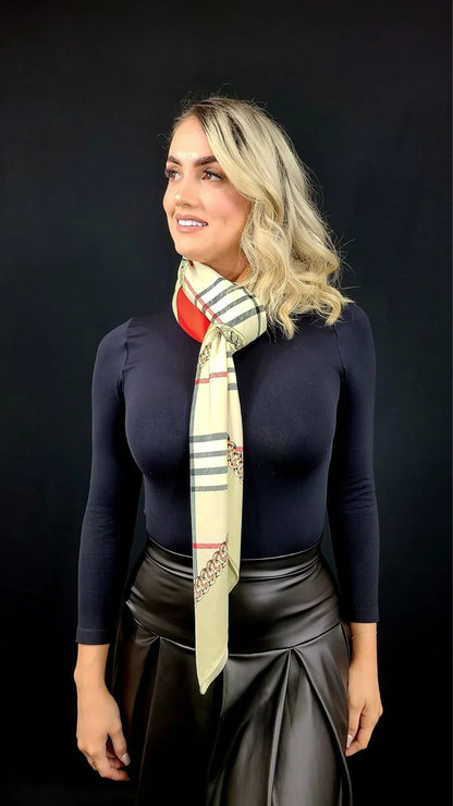 Silk Accessories Online: Derby Print Satin Scarf-Beige