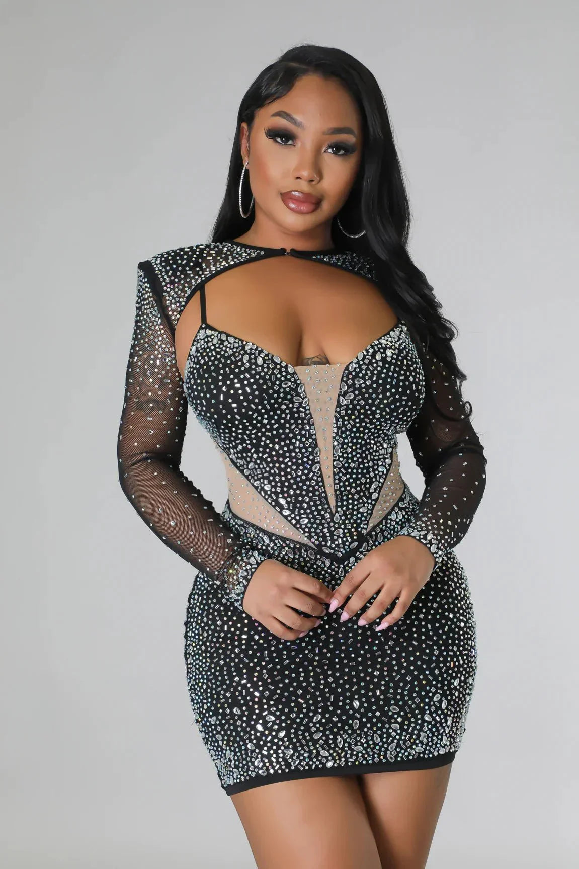 Diamond Kween Rhinestone Dress – Sheer Mesh Glam Mini