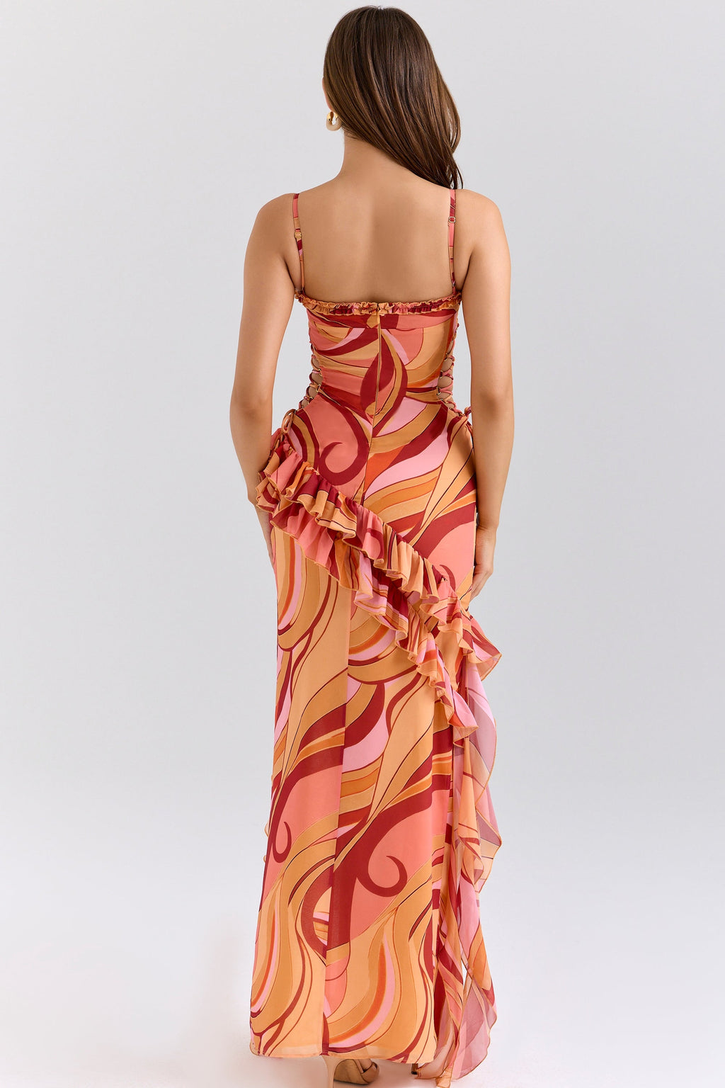 sunset swirl print ruffle cut out maxi dress