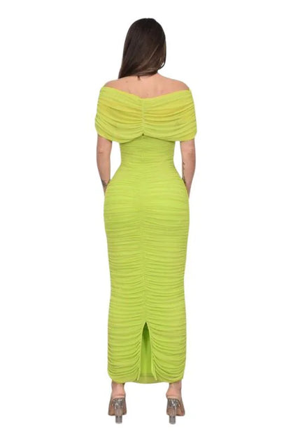 Enchanted Allure Ruched Off-Shoulder Maxi Dress - Lime Green
