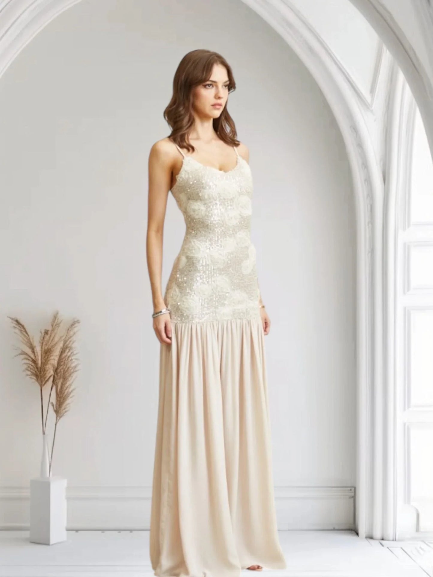 Enchanted Rosette Sequin Gown - Champagne