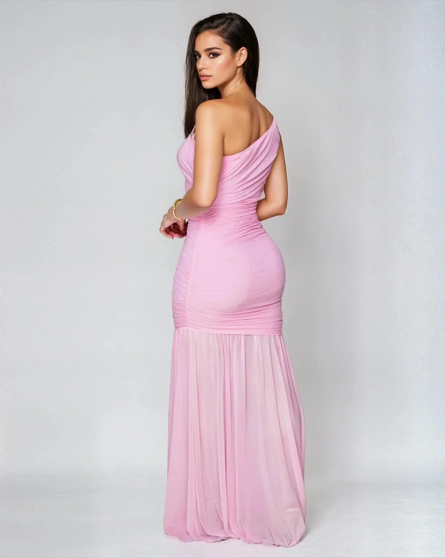 Ethereal Grace Ruched Mesh Asymmetric Maxi Dress -  Pink