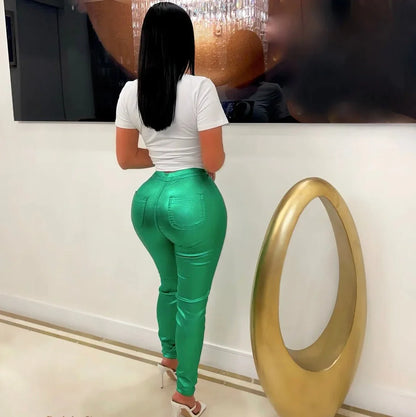 Expensive Views Metallic Disco Pants – Green High Waist
