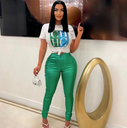 Expensive Views Metallic Disco Pants – Green High Waist