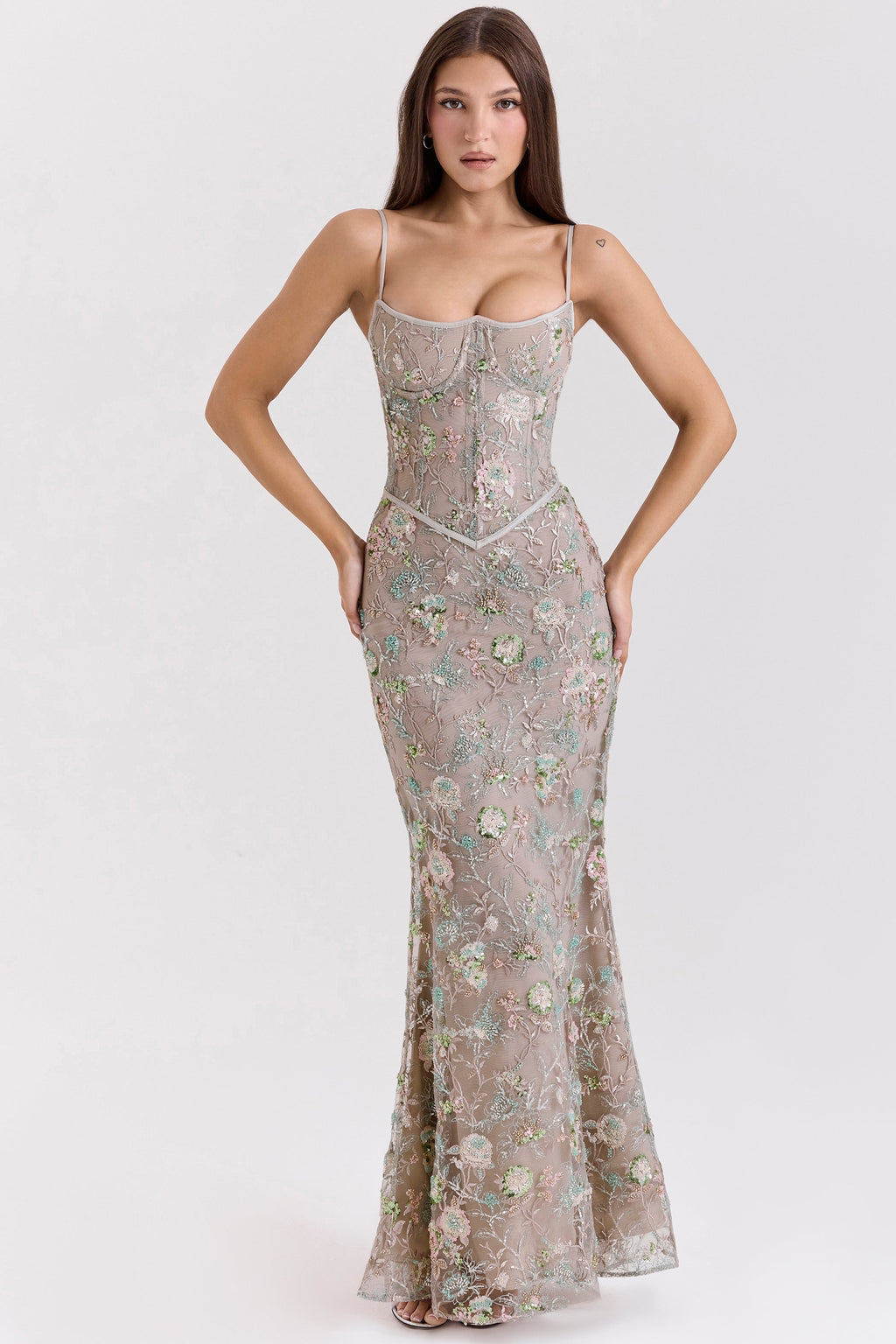 silver embellished beaded corset maxi dress
