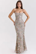 silver embellished beaded corset maxi dress