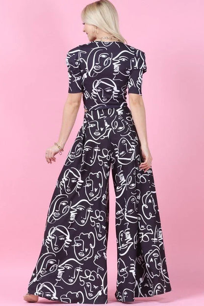 Face Graphic Print Palazzo Pants (Black)