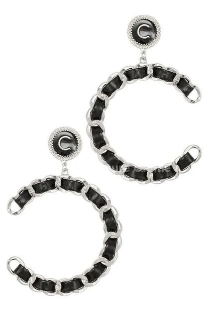 Faux Leather and Chain Braided Hoop Earrings