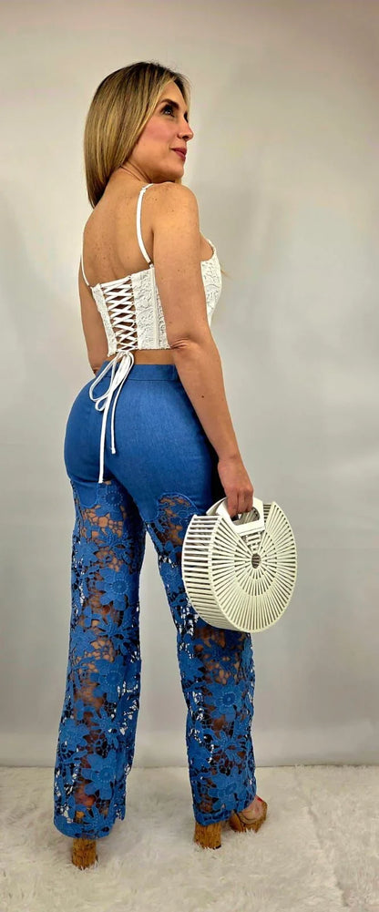 Fierce Bloom Lace Pants  Denim Blue
