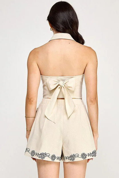 Flora Embroidered Vest & Shorts Set- Navy/ Off White