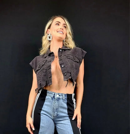 Frida Muse Crop Vest (Black Denim)