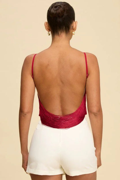 Fringe Open Back Fringe Top in Wine with Adjustable Straps