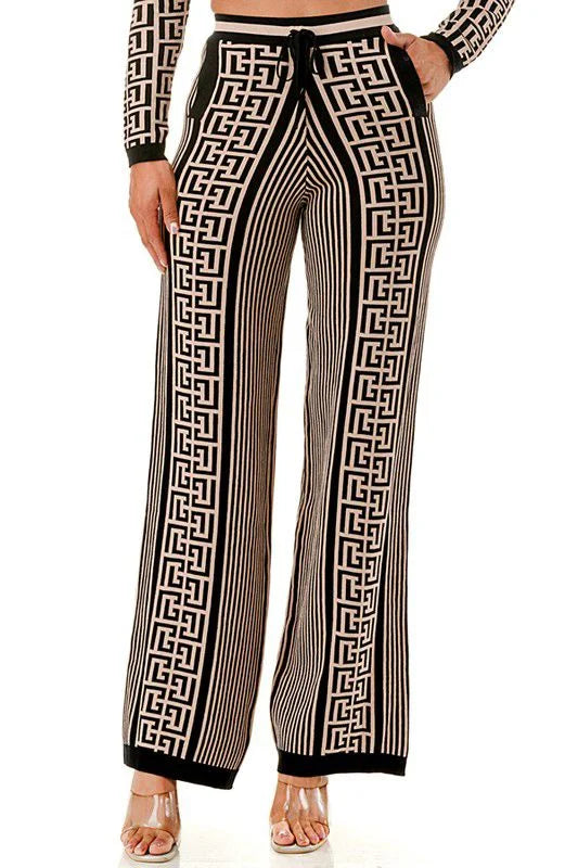 Geometric Elegance Three-Piece Knit Pant Set