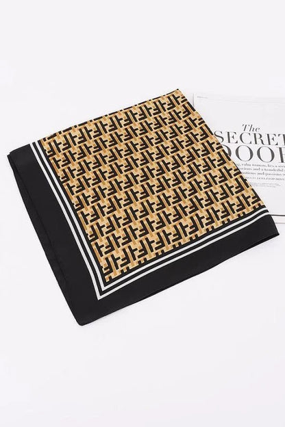 Luxe Monogram Bandana – Black Silk Feel Geometric Scarf