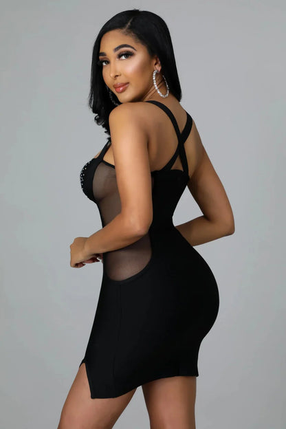 Gessica Black Mini Dress with Rhinestone Detail