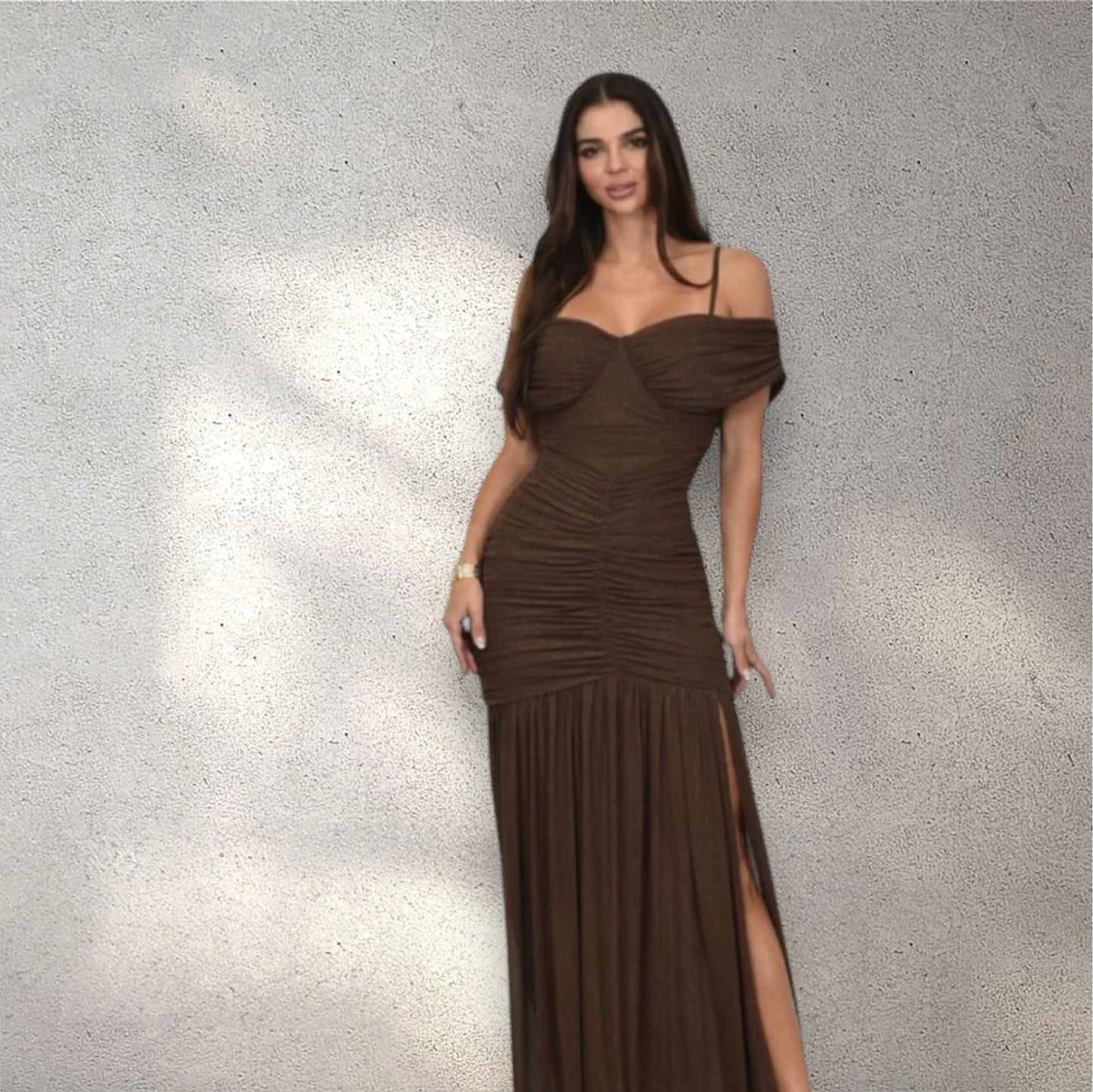 Gilded Radiance Off Shoulder Maxi Dress with Ruched Bodice (Chocolate)