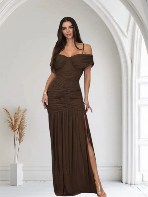 Gilded Radiance Off Shoulder Maxi Dress with Ruched Bodice (Chocolate)