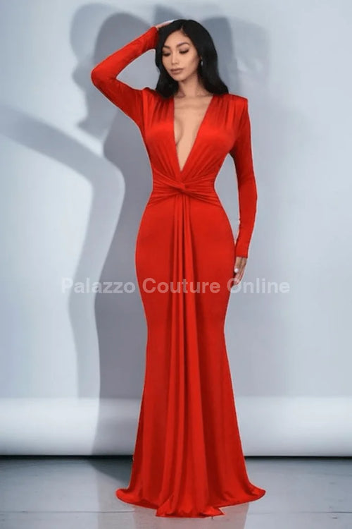 Glam Twist Maxi Dress (Tomato Red)