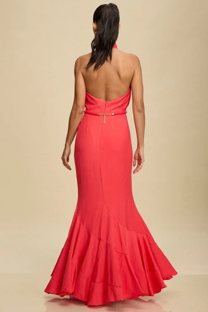 Golden Muse Halter Maxi Dress - Coral