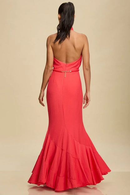 Golden Muse Halter Maxi Dress - Coral