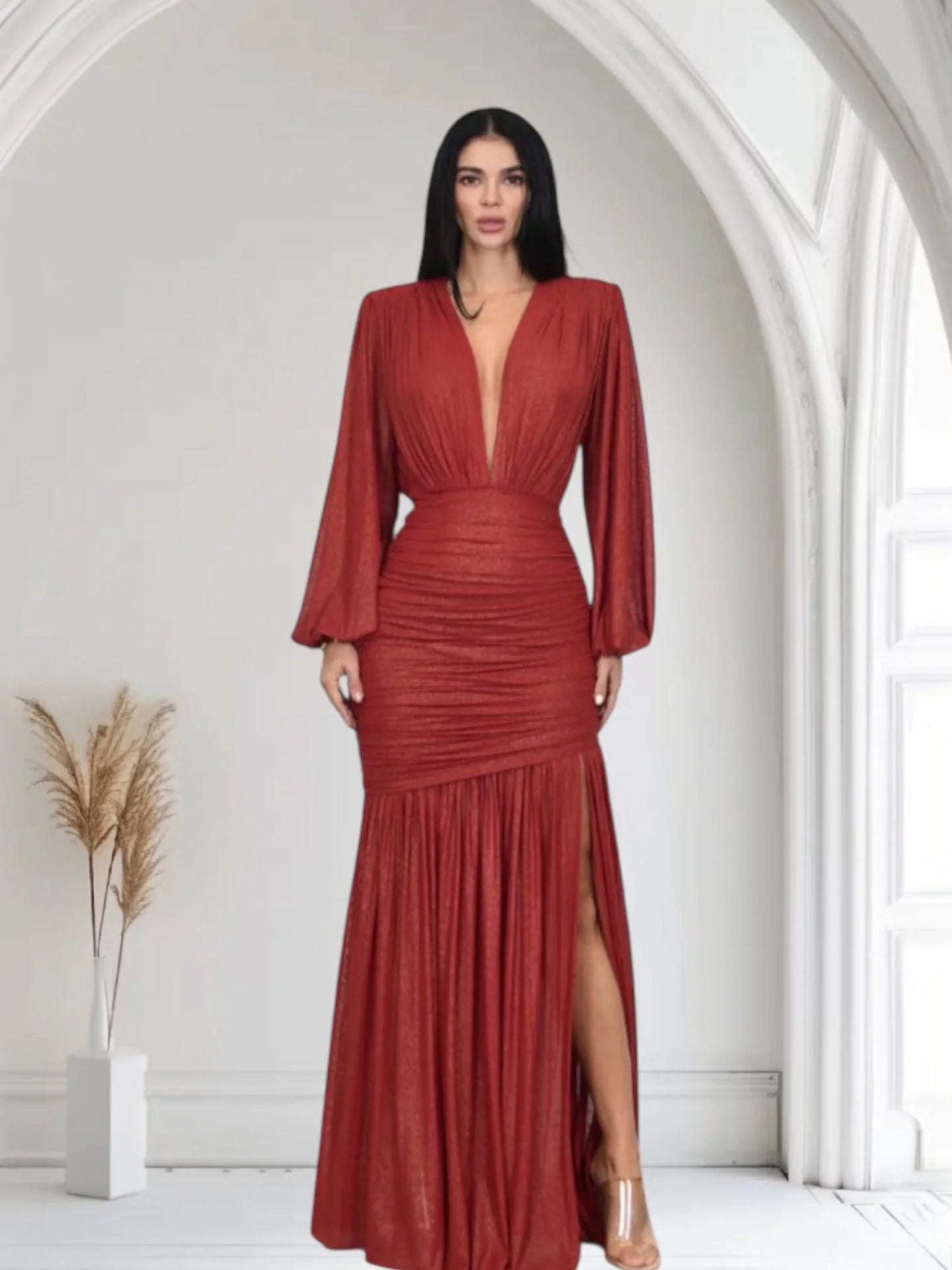 Golden Muse Metallic Foil Maxi Dress- Red