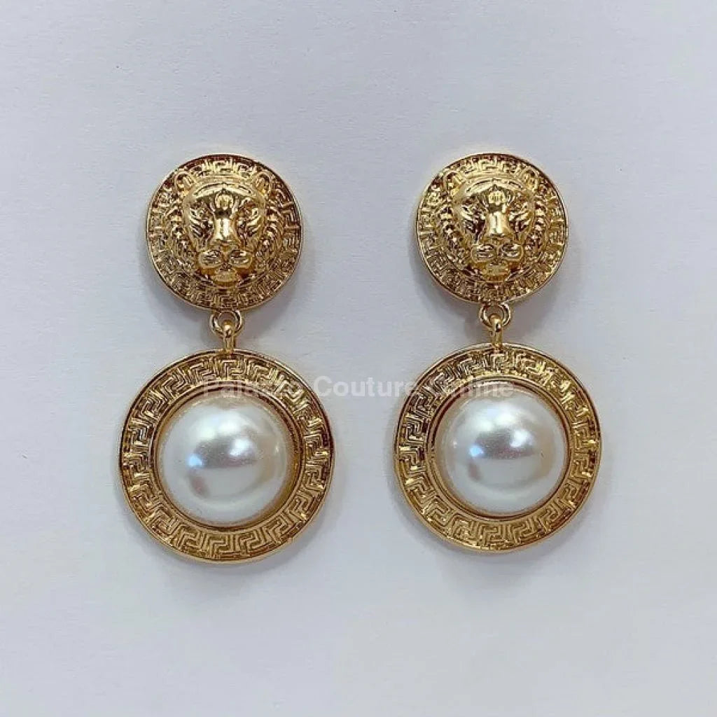 Greek Lion earrings Emblem Drop Earrings with Crystal Detail
