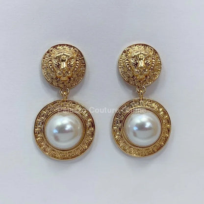 Greek Lion earrings Emblem Drop Earrings with Crystal Detail