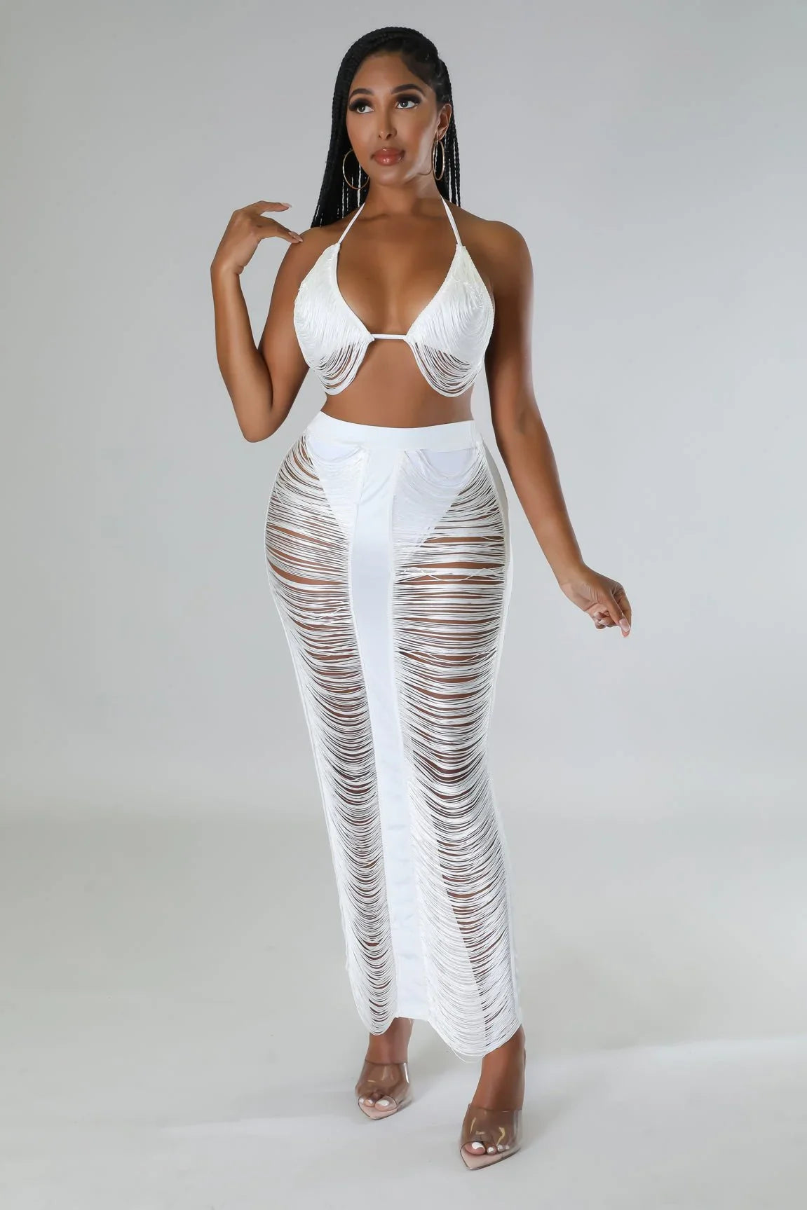 Haven Days Skirt Set – White Skirt Set with Fringe Lace