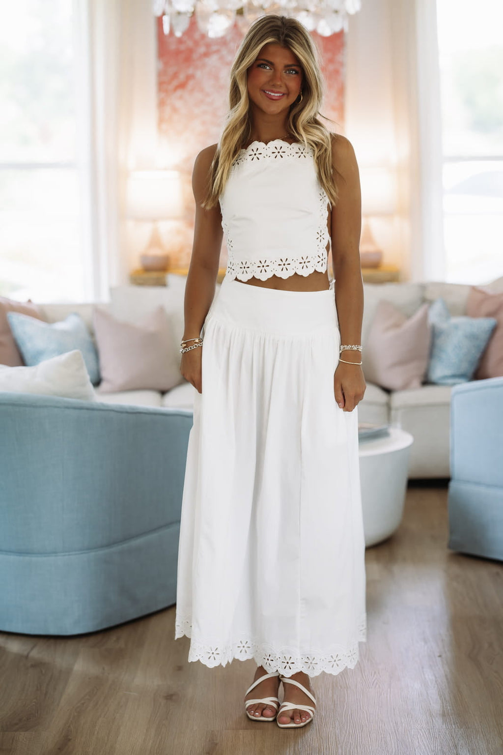Beachside Blossom Top and Maxi Skirt - White