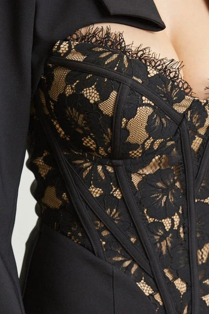 High Class Lace Trim Blazer 2 pcs Jumpsuit Set (Black)