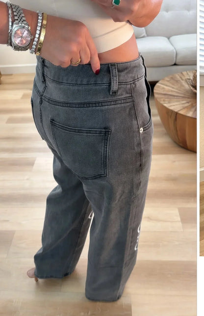 High-Rise Straight Leg Jeans with Embroidered Knee Detail - Gray